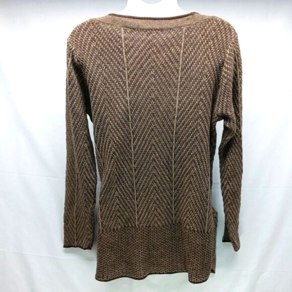 Herringbone Bodycon Knit Sweater Brown Boat Neck Accent Buttons Women's L Cotton - Picture 2 of 8